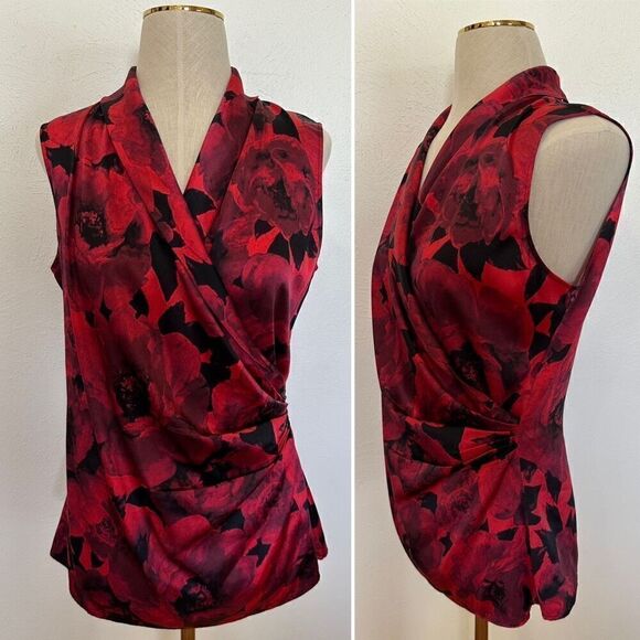 St. John Silk Stretch Red Floral Satin Blouse - Picture 5 of 5